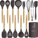 Silicone Cooking Utensils Set - 446°F Heat Resistant Silicone Kitchen Utensils for Cooking,Kitchen Utensil Spatula Set w Wooden Handles and Holder for Non-Stick Cookware, BPA FREE (Coffee) by CozyNest Decor