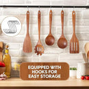 Wooden Spoons for Cooking, 10PCS Teak Wood Cookware Utensil Set with Hooks - Smooth Finish, Non-Stick, Comfortable Grip, Heat Resistant Kitchen Utensils by CozyNest Decor