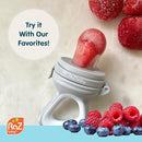 RaZbaby Baby Solids/Frozen Fruit Feeder Pacifier, Infant Teether Toy 6M+, BPA-Free Silicone Pouch & Nipple, Safely Introduce Solids, Natural Teething Relief, Dishwasher Safe, Freezable – Orange/Blue by TinyTreasures Baby Boutique