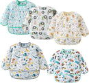 5 Pack Long Sleeve Bib,Baby Toddler Waterproof Sleeved Bib for 6-30 Months Reusable with Catch-all Pocket by TinyTreasures Baby Boutique