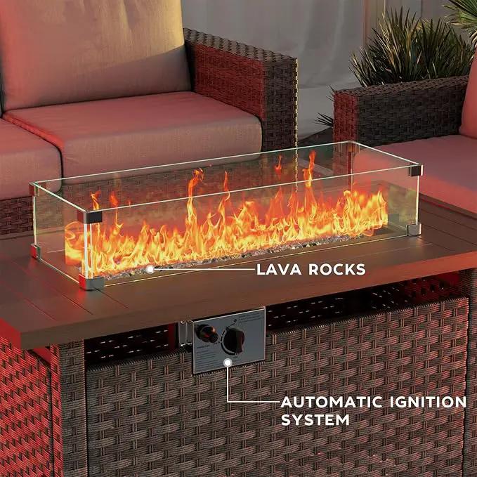 Propane Fire Pit Table Outdoor, 44" 60000BTU Auto-Ignition Fire Pits Table with Wind Guard Square Large Wicker Propane Firepits for Porch Garden(Grey,CSA Certified), photo 5 of 8