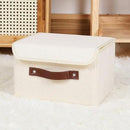 ANMINY Storage Bin with Lid Storage Boxes with PU Leather Handles PP Plastic Board Decorative Foldable Lidded Cotton Linen Fabric Home Cubes Baskets Closet Organizer Container - Beige, Small Size by CozyNest Decor