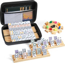 Mexican Train Double 12 Dominoes Set with 4 Wooden Trays/Racks in Portable Carrying Case Colorful 91 Tiles & 9 Trains Board Game for Family Game Night by TinyTreasures Baby Boutique