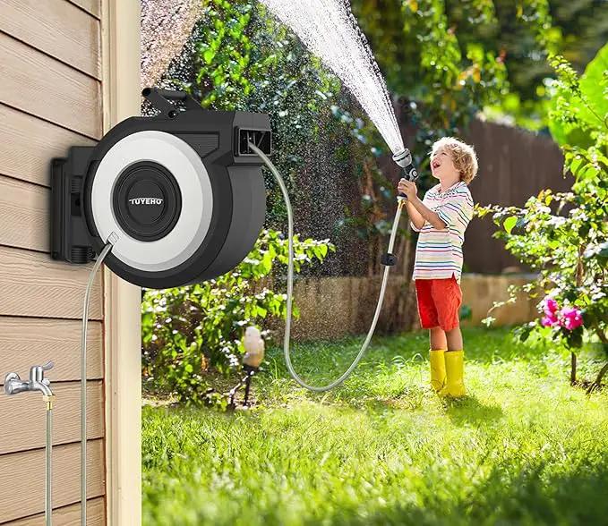 Tuyeho Retractable Garden Hose Reel 5/8" x 90 ft, Wall Mount Water Hose Reels with Automatic Slow Rewind System, Outdoor Hoses Reel with 2 Hose Nozzles for Garden Watering, Car Wash, Pet Shower, photo 9 of 9