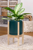 D'vine Dev Ceramic Planter with Natural Stand - 8 Inch Modern Round Flower Pot with Wood Planter Holder, Teal, 55-B-N-4 by CozyNest Decor