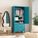 71'' Farmhouse Metal Wardrobe Cabinet with Hanging Rod, 2 Barn Door Wardrobe Closet with Adjustable Shelves,2 Drawer,for Dining Room,Bedroom,Living Room, Cloak Room,Office (Peacock Blue) by CozyNest Decor
