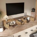 Modern TV Stand for TVs up to 85", Mid-Century Media Console with Checkered Cabinet Doors, Storage Drawers & Open Shelves, Wood Entertainment Center with Metal Legs by CozyNest Decor