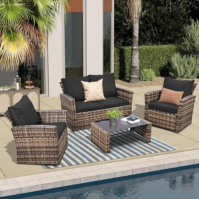 4 Piece Outdoor Patio Furniture Set,Wicker Conversation Sets Outdoor Sectional Patio Sofa Couch with Cushions & Coffee Table for Outside, Garden, Balcony, Porch,Yellow/Black, photo 3 of 8
