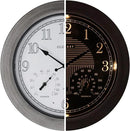 CLXEAST 18 Inch Farmhouse Illuminated Outdoor Atomic Wall Clock with Thermometer & Hygrometer Combo, Night Lighted Wall Clock with Smart Sensor, Weather Stations,Brushed Grey Oak Finish by CozyNest Decor