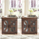 Farmhouse End Table Set of 2, 24" Large Sofa Side Table with Charging Station, Mesh Barn Door, Rustic Wood Nightstand with Adjustable Storage Shelf, Square Nightstand for Living Room by CozyNest Decor