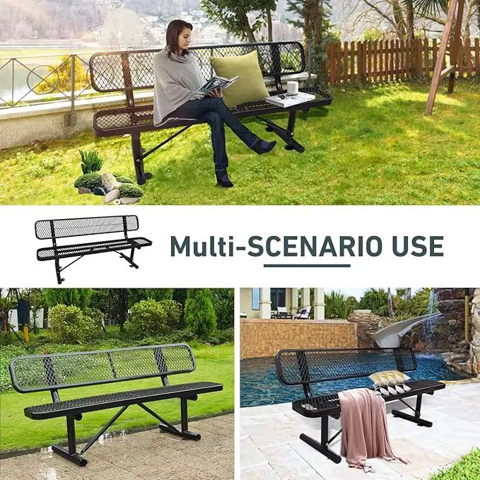 6FT Heavy Duty Park Bench with Back Portable Frame, Outdoor Metal Park Bench with Backrest, Steel Mesh Outdoor Bench for Garden, Lawn, Patio, Porch, Park, Yard (Black, 72.4" L x 23.2" W x 32.5" H), photo 7 of 7