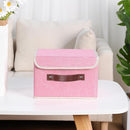 ANMINY 4PCS Storage Bins with Lid PU Leather Handles Storage Boxes PP Plastic Board Decorative Foldable Lidded Cotton Linen Fabric Home Cubes Baskets Closet Organizer Containers - Pink, Small Size by TinyTreasures Baby Boutique