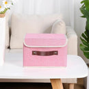 ANMINY 4PCS Storage Bins with Lid PU Leather Handles Storage Boxes PP Plastic Board Decorative Foldable Lidded Cotton Linen Fabric Home Cubes Baskets Closet Organizer Containers - Pink, Small Size by CozyNest Decor