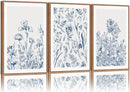 SIGNINART Classic Chinoiserie Botanical Framed Canvas Wall Art, Blue and White Floral Wall Decor, Minimalist Flower Artwork, Navy Blue Wildflower Art Painting for Bedroom Living Room Office 24"x36"x3 by CozyNest Decor