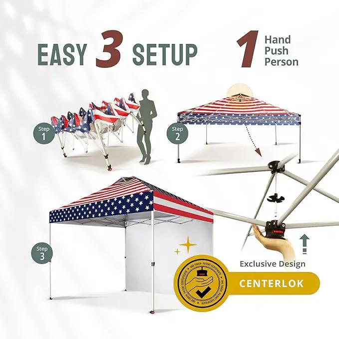 CROWN SHADES 10x10 Pop Up Canopy with 1 Side Wall - Beach Tent with One Push Setup - Outdoor Sun Shade for Events, Parties, Camping - Gazebo with STO-N-Go Cover Bag (American Flag), photo 2 of 9
