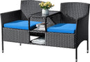 Flamaker Outdoor Furniture Patio Loveseat Wicker 2-Seat with Built-in Table and Cushions Rattan Porch Chairs Bench for Balcony, Lawn, Backyard (Blue) by CozyNest Decor