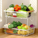 2 Tier Fruit Basket for Kitchen Counter with 2 Banana Hangers, Countertop Metal Fruit Bowl with Wooden Handle, Large Storage Stand for Vegetables, Snacks, Breads, Produce Storage – White by CozyNest Decor