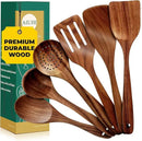 AIUHI Nonstick Natural Wooden Kitchen Utensils Set, Smooth Finish Teak Wood Spoons for Cooking, Comfortable Grip Spatula for Elaborate Cooking 6Pcs by CozyNest Decor