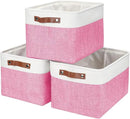 Storage Bins Large Fabric Storage Baskets for Shelves 3 Pack, Decorative Linen Closet Baskets with Handles for Organizing, Shelf, Clothes, Home, Office, 15x11x9.5Inches (Pink&White) by CozyNest Decor