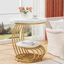 Tribesigns Gold Round End Table: 2 Tiers Side Table Set of 2 with Storage Shelf, Modern White Gold Bedside Nightstand, Metal Faux Marble Accent Table for Living Room by CozyNest Decor