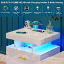 Night Stand with Light, High Gloss Nightstand with USB/Wireless Charging Station, LED White Nightstands with Storage Drawers, RGB Side End Table for Bedroom Furniture（White by CozyNest Decor