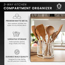 360° Rotating Kitchen Utensil Holder- 3 Compartment Organizer with Cork Bottom | Includes Premium 9-Piece Acacia Wood Utensil Set | Professional Luxury Design | Metal Utensil Crock (Matte white) by CozyNest Decor