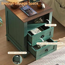 18" Farmhouse Night Stand with Charging Station, 2 Drawers Bedside End Table, Green Wooden Nightstand, Bed Side Table Cabinet with Open Shelf for Bedroom Living Room Office by CozyNest Decor