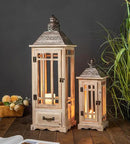 TIMRIS Large Rustic Wooden Metal Decorative Lantern Set of 2, Modern Farmhouse Floor Candle Lanterns with Drawer, Indoor/Outdoor Hanging Lanterns for Home Decor (No Glass) by CozyNest Decor