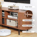 TV Stand with Power Outlet, Mid-Century Modern Television Stand, Media Console with Sliding Doors, Entertainment Center for TVs up to 60 Inch, Adjustable Shelves, Walnut by CozyNest Decor