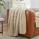 Amélie Home Faux Fur Throw Blanket for Couch, Cozy Fuzzy Fluffy Fur Luxurious Soft Striped Plush Gift Blankets for Family Sofa Chair Bed Living Room Bedroom, 55"x70", Beige by CozyNest Decor
