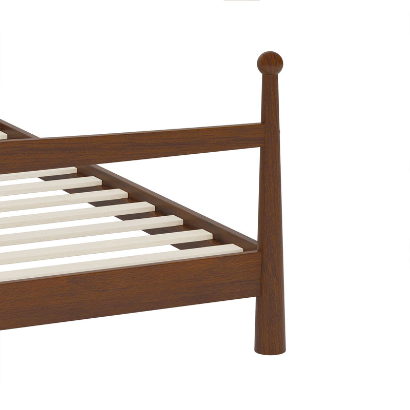 Mid-Century Modern Queen Size Solid Pine Wood Platform Bed with Upholstered Headboard in Boucle, No Box Spring Needed, Brown