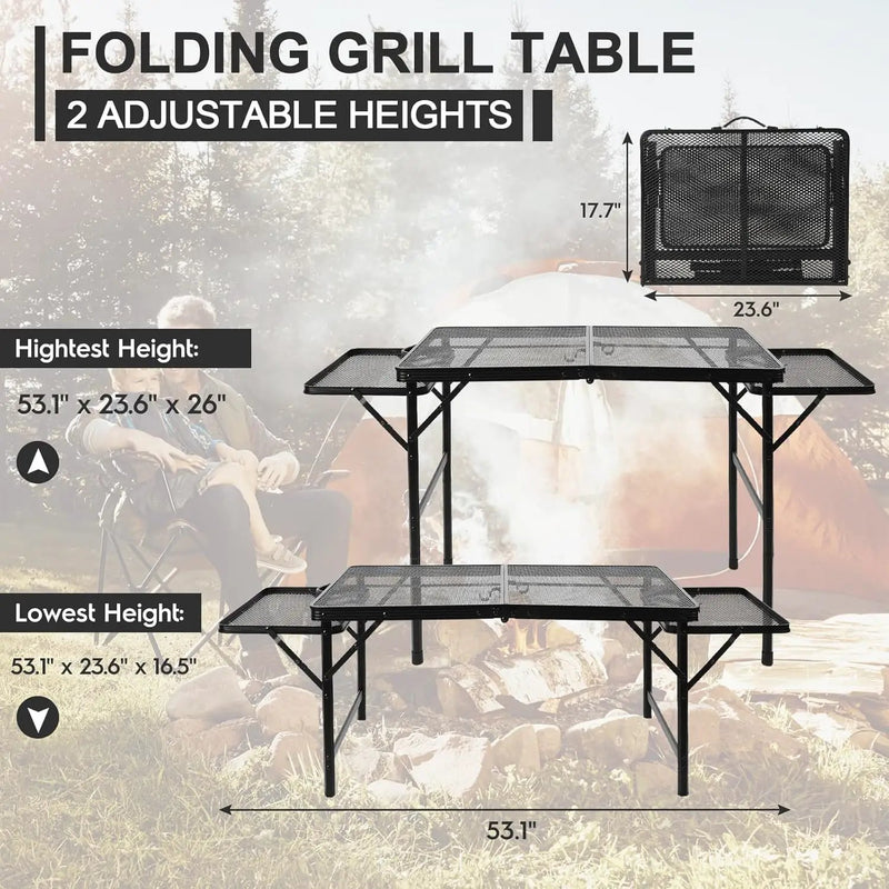 Folding Grill 4.4 FT Portable Camping Table with 2 Wing Panels, Height Adjustable Metal Outdoor Table with Mesh Desktop and Mesh Bag, Picnic, Beach and BBQ, Party, Black, photo 3 of 6