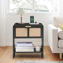 LEVNARY Nightstand with Charging Station, Mid-Century Modern Bedside Table with Curved Top Corners and Fabric-Like Textured Drawer, Wooden End Table for Farmhouse Bedroom Living Room (1, Black) by CozyNest Decor