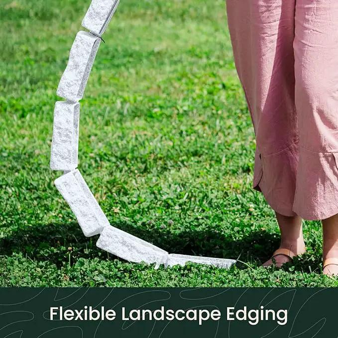 Beuta Landscape Edging | Garden Edging Border | No Dig Faux Stone Bricks & Spikes for Lawn Edging, Flower beds, Pathways & Yards – 4 Packs | Each Pack Has 6 Bricks 48" Lx 4" W x 2.25" H|Limewash, photo 2 of 8