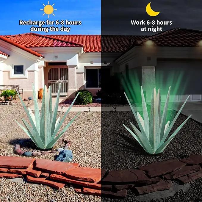 Large Tequila Rustic Sculpture, Rustic Metal Agave Plants for Outdoor Patio Yard, Home Decor Hand Painted Metal Agave Garden Yard Statue, Outdoor Lawn Ornaments (Mint Green - L (W/ Solar Light)), photo 5 of 7