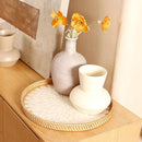 Round Rattan Tray with Mother of Pearl Inlay & Wooden Base - Decorative Wicker Serving Tray for Coffee/Bread/Fruits, Food Storage & Display - Multipurpose Home Decor (M,White Leaves) by CozyNest Decor