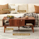 Coffee Table with Storage, Mid Century Dining Table with Sliding Fluted Door and Solid Wood Legs, Small Coffee Tables for Living Room, Walnut by CozyNest Decor