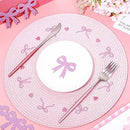 Whaline 4Pcs Round Placemats Pink Bow Embroidered Place Mats Coquette Bow Dinner Table Mats for Home Wedding Baby Shower Birthday Party Decor by CozyNest Decor