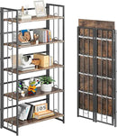 4NM No Assembly 5 Tiers Folding Bookshelf, 59.4" H Foldable Storage Shelves Vintage Bookcase Standing Racks Study Organizer Home Office - Rustic Brown Black by CozyNest Decor