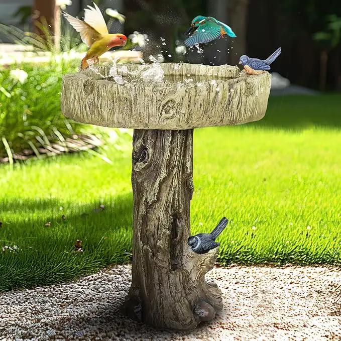 SunJet 24.4 Inch Heigh Wood-Look Concrete Bird Bath with Decorative Faux Bird – birdbath Rustic & Long-Lasting Design, Enhances Garden, Patio, Yard, Lawn Décor, photo 2 of 8