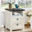 18" Farmhouse Night Stand with Charging Station, 2 Drawers End Table Dresser for Bedroom, White Wooden Nightstand, Bed Side Table with Open Shelf, Bedside Cabinet for Living Room, Closet by CozyNest Decor