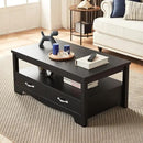LINSY HOME Farmhouse Coffee Table with Storage, Wood Coffee Table for Living Room, Open Display Area and Storage Drawers with Metal Handles, Chic Style with Curved Base, Black by CozyNest Decor