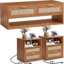LEYAOYAO Boho Rattan Coffee Table and End Table Sets, 48" Wide Center Tables & 23" Night Stand with Charging Station Chest of Drawers, Brown Wood Coffee Table for Living Room 3 Piece Set by CozyNest Decor