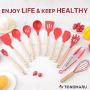 Silicone Cooking Utensils Set, Premium Beech Wood Handle Kitchen Gadgets Utensil Set, Non-Stick Kitchen Utensils Spatula, Tongs, Turner, Whisk, Brush, Spoon, BPA FREE, 446°F Resistant (Red) by CozyNest Decor