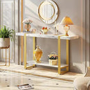 Huuger 47.2 Inch Entryway Table with Marble Top, 2-Tier Modern Console Sofa Table with Storage, Accent Table, for Entry, Hallway, Entrance, Foyer, T-Shaped Metal Frame, White Marble & Gold by CozyNest Decor