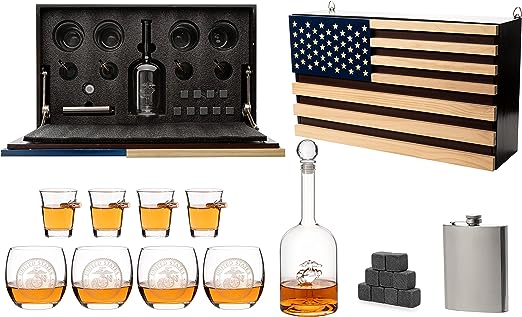 Marine Big Box Wall Decor Murphy with Decanter, 4 whiskey glasses, 4 shot glasses, marine flask, marine gifts