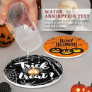 Coaster for Drinks Set of 6, Happy Halloween Trick or Treat Pumpkin Absorbent Round Ceramic Stone Mat, with Cork Base and Metal Holder, Gift for Housewarming Room Bar Decor by CozyNest Decor