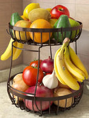 2 Tier Fruit Basket for Kitchen Counter with 2 Banana Hangers, Metal Stackable Fruit Bowl for Kitchen Counter for Bread Vegetable Fruits, Brown by CozyNest Decor