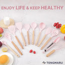 Silicone Cooking Utensils Set, Premium Beech Wood Handle Kitchen Gadgets Utensil Set, Non-Stick Kitchen Utensils Spatula, Tongs, Turner, Whisk, Brush, Spoon, BPA FREE, 446°F Resistant (Pink) by CozyNest Decor