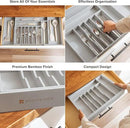 Premium Silverware, Flatware and Utensil Organizer for Kitchen Drawers, Food-Safe Contract Grade, Expandable from 18 to 33 In, Gray Bamboo by CozyNest Decor